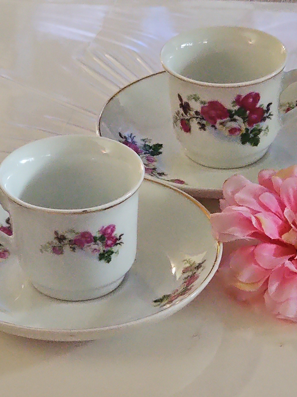 Set 2 Elegant Pink Floral Porcelain MINIATURE Tea Cup & Saucer Set